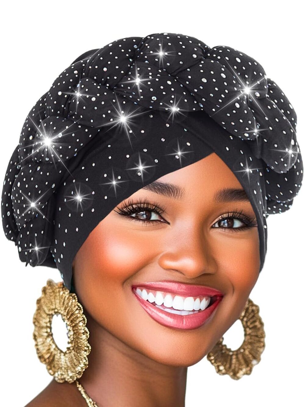5708 African Turban Head Wrap Rhinestone Braid Turban Hat Crystal Beanie
